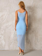 Ruched Ribbon Trim Asymmetrical Hem Mesh Dress